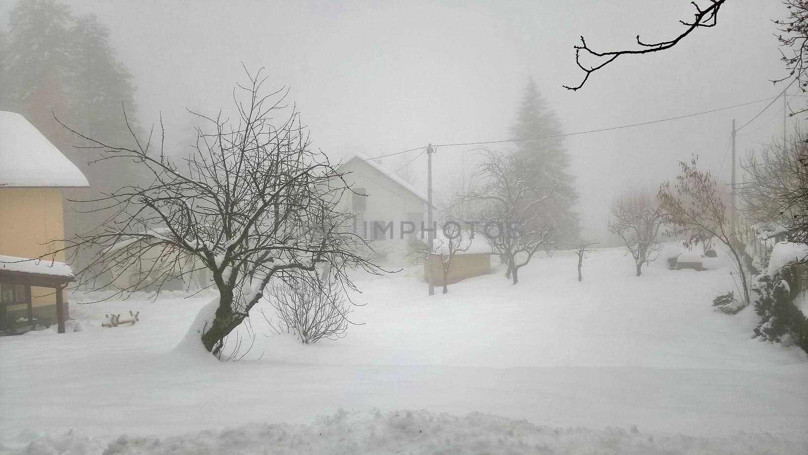 Liguria, Italy - February, 04,2021: Amazing heavy snow from the villlage in Italy. Beautifull photography of the white background with grey and blue sky. Snow and some iced trees.