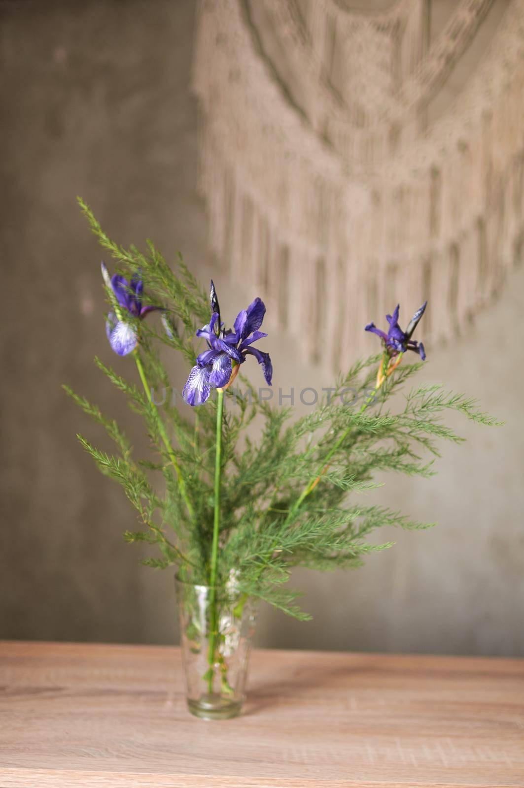 bouquet of wild flowers iris on a wooden table behind a concrete wall  by ozornina