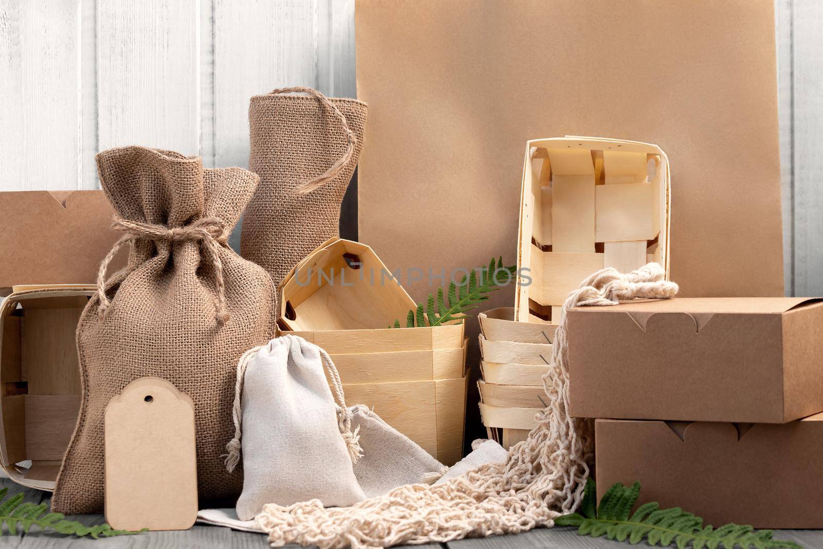 Various Eco friendly packaging made from natural recyclable materials. Environmental protection and waste reduction concept.