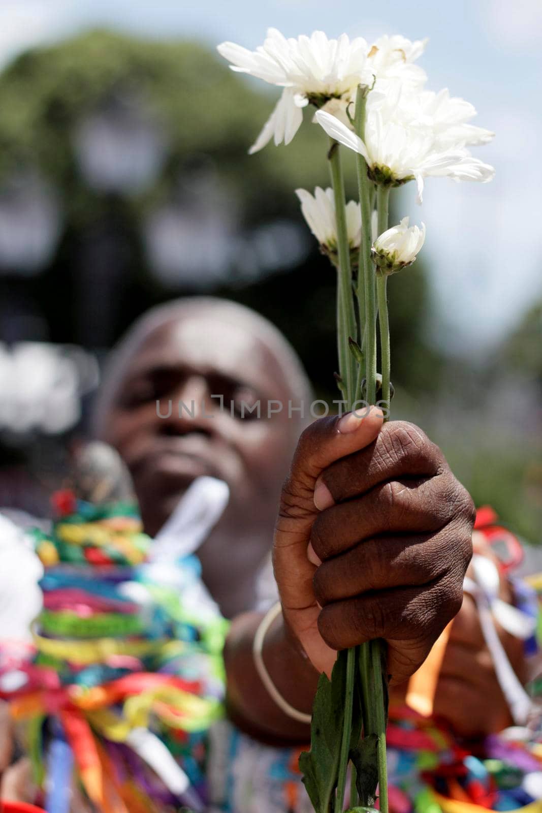 salvador, bahia / brazil - january 15, 2015: Candomble fans and devotees of Senhor do Bonfim accompany the traditional washing of the stairs of the Bonfim Church in Salvador.