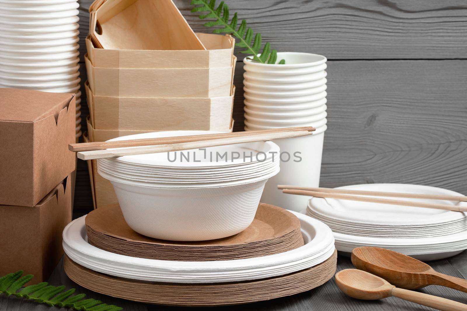 Various Eco friendly tableware made from natural, recyclable materials. Environmental protection and waste reduction concept.