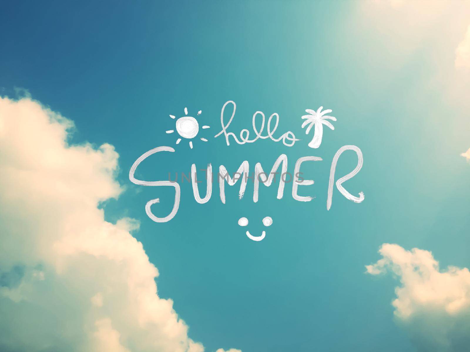 Hello Summer word on beautiful blue sky with sunlight background by Yoopho