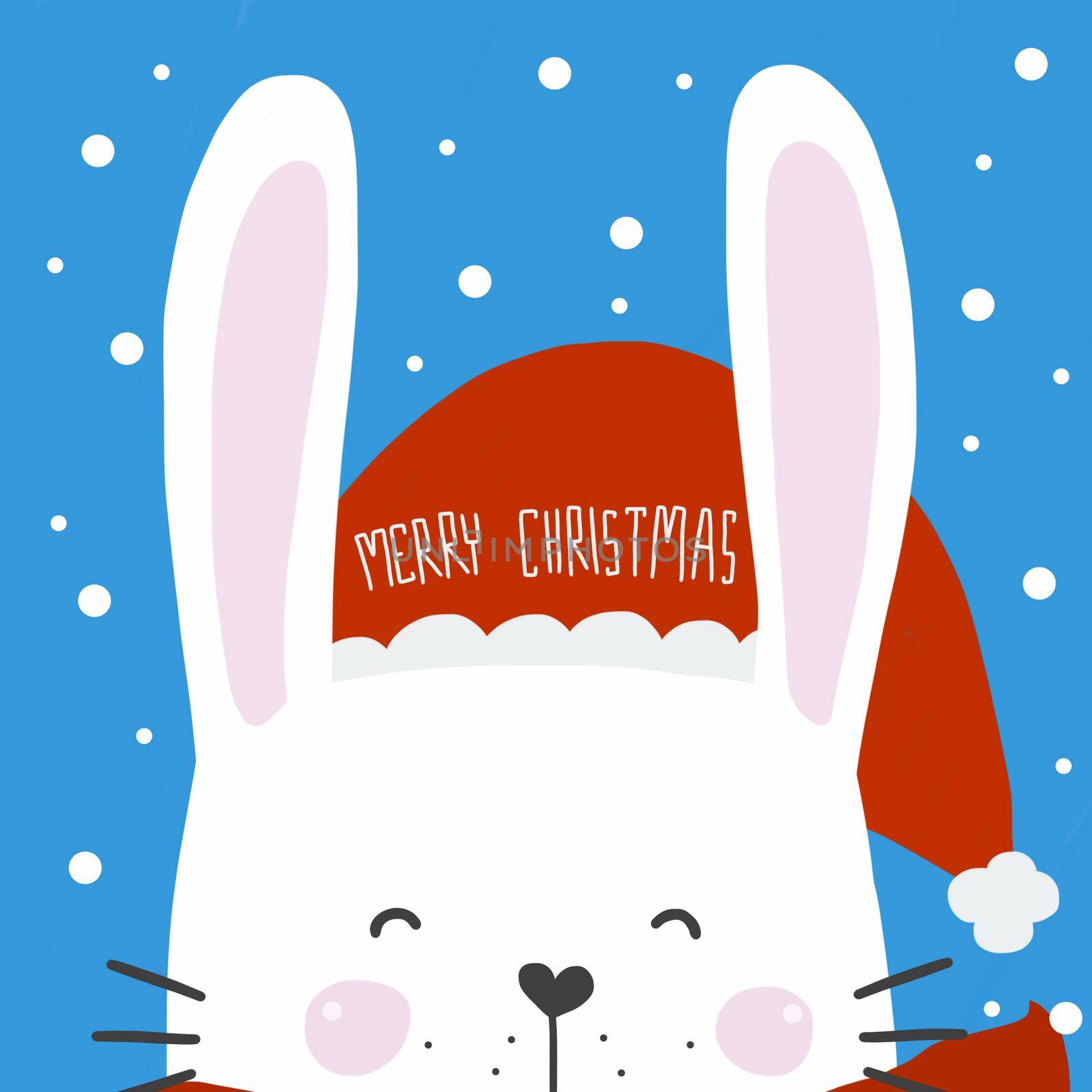 Cute white rabbit wear Merry Christmas hat watercolor painting illustration by Yoopho