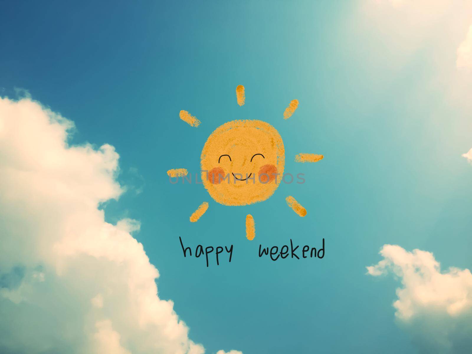 Happy weekend cute sun smile pencil color illustration on blue sky and cloud