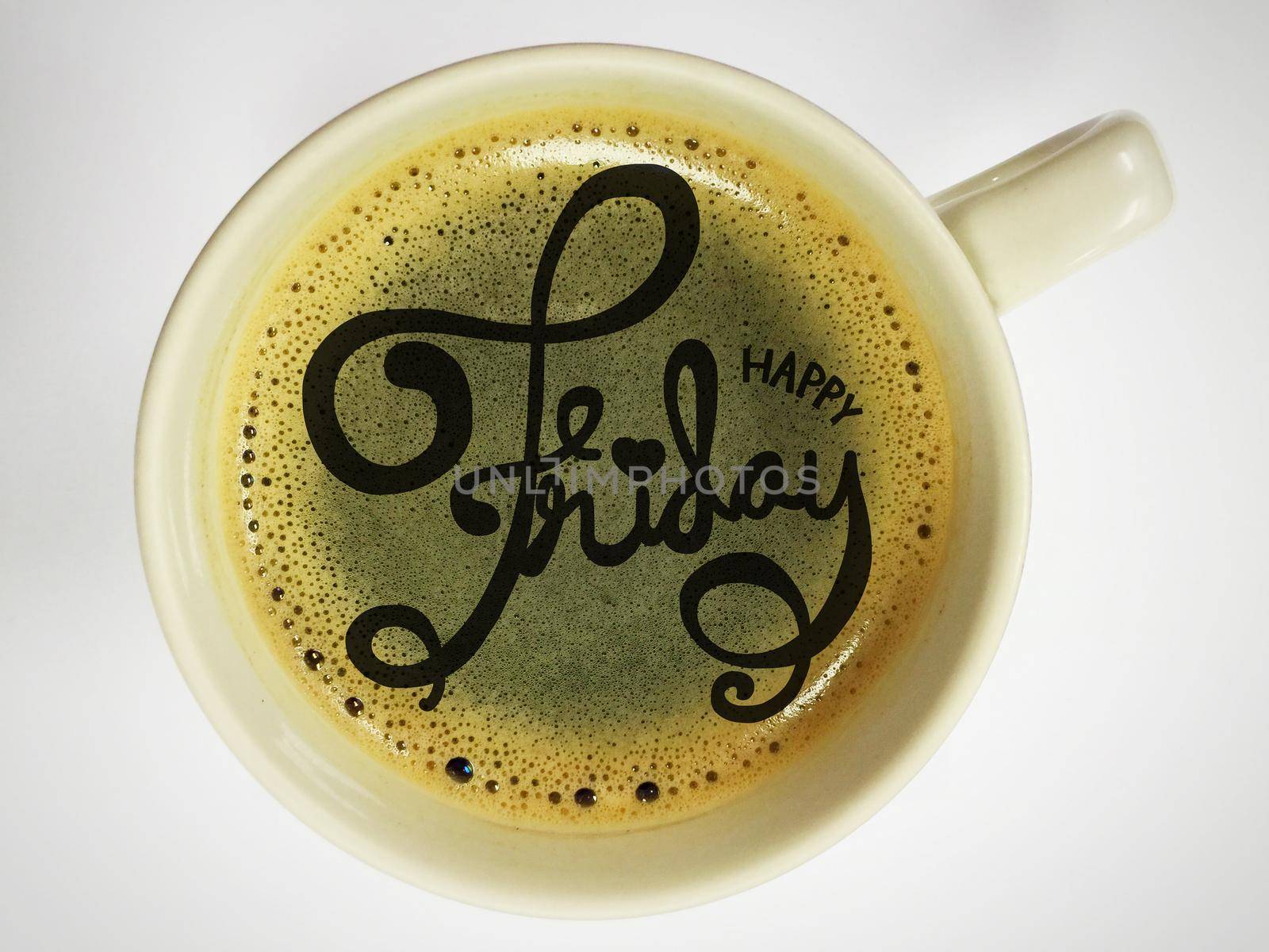Happy Friday word on white coffee cup by Yoopho