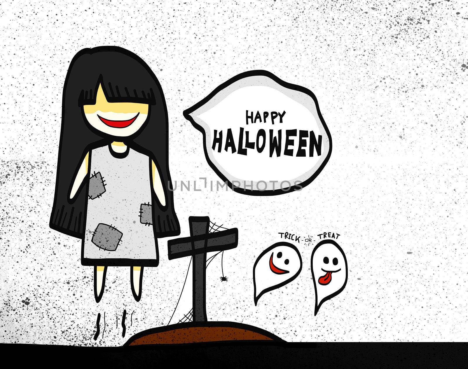 Lady ghost on graveyard, Happy Halloween cartoon illustration