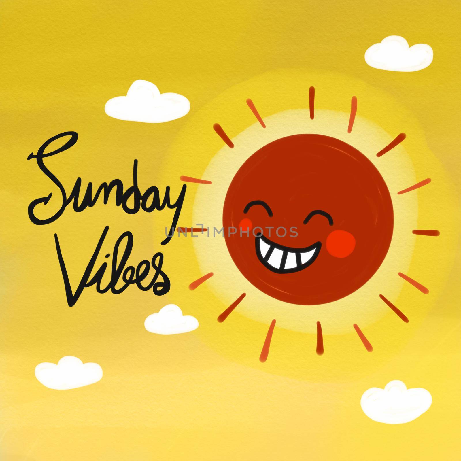 Sunday vibes word and red cute sun smile watercolor painting illustration by Yoopho