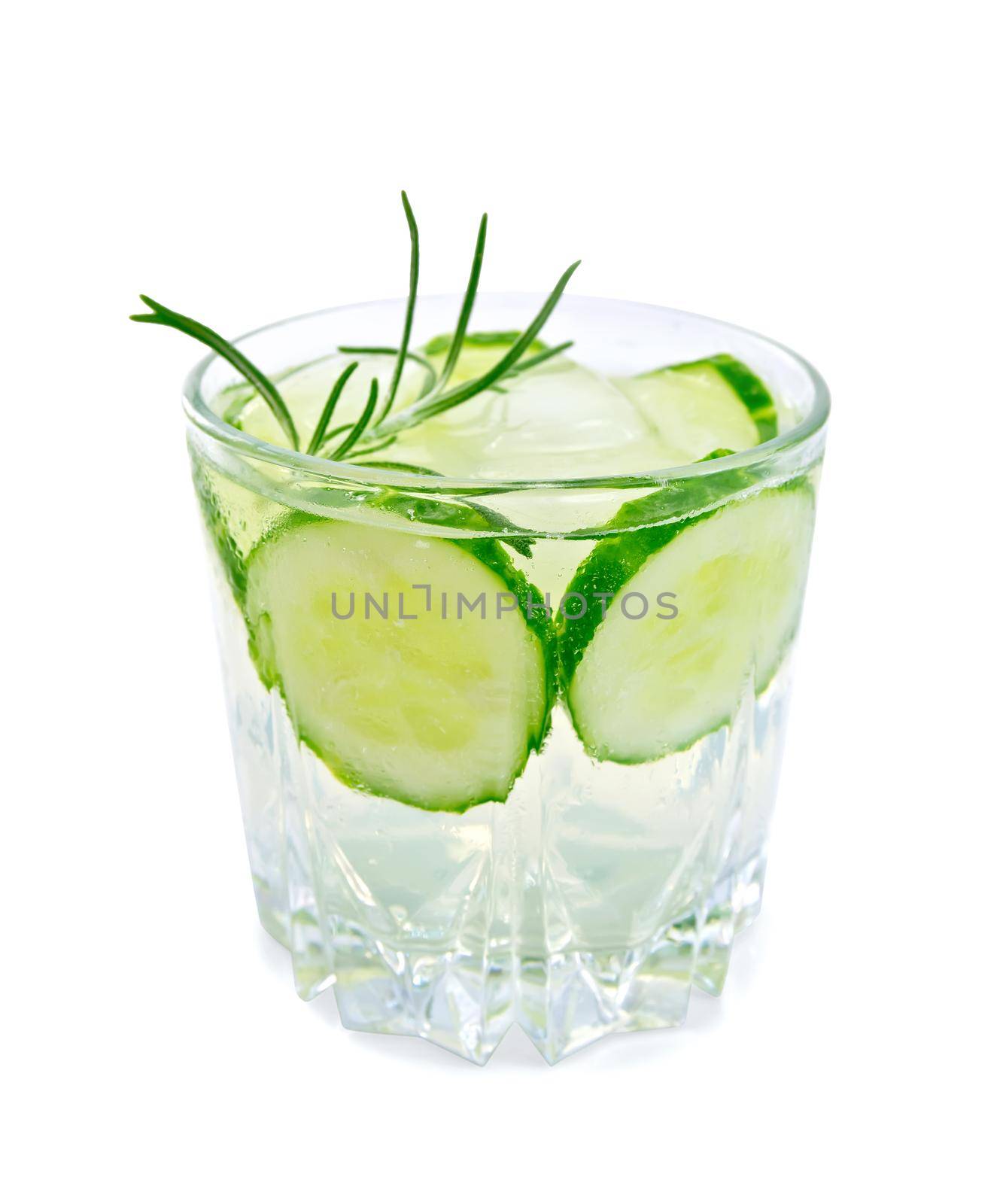 Lemonade with fresh cucumber and rosemary in glassful isolated on white background