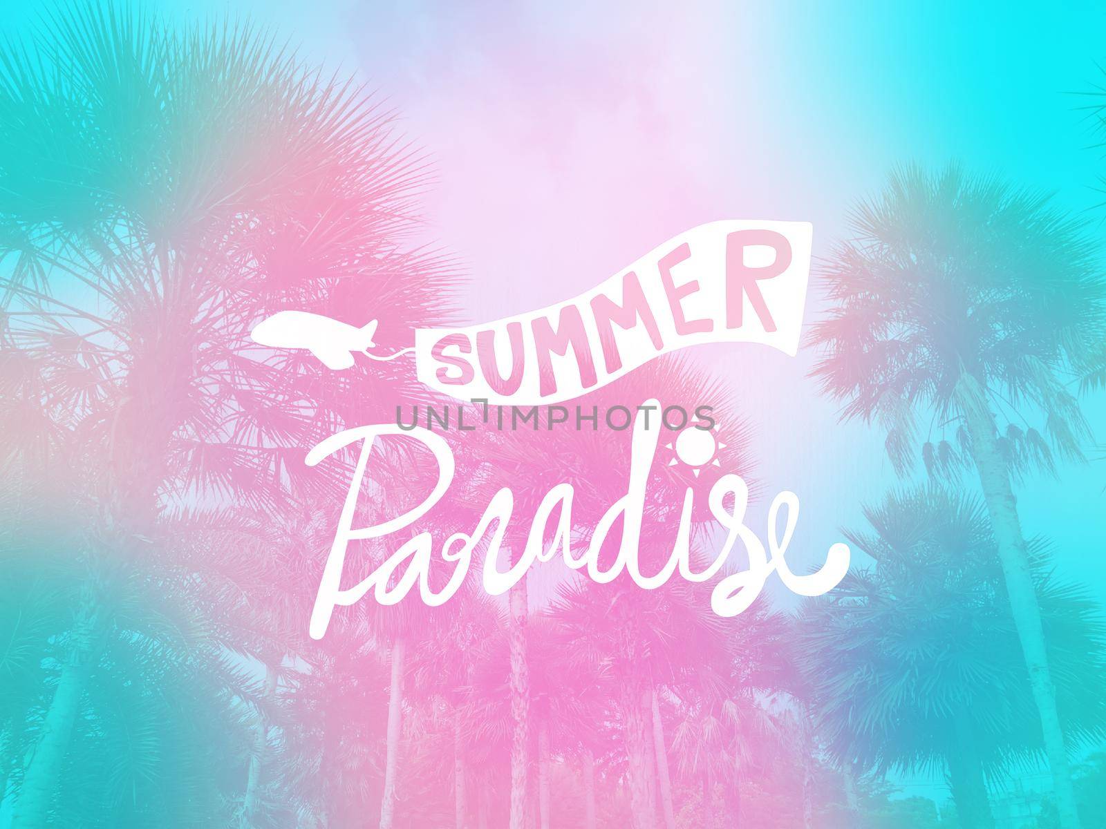 Summer paradise word and palm tree pink and blue gradient background