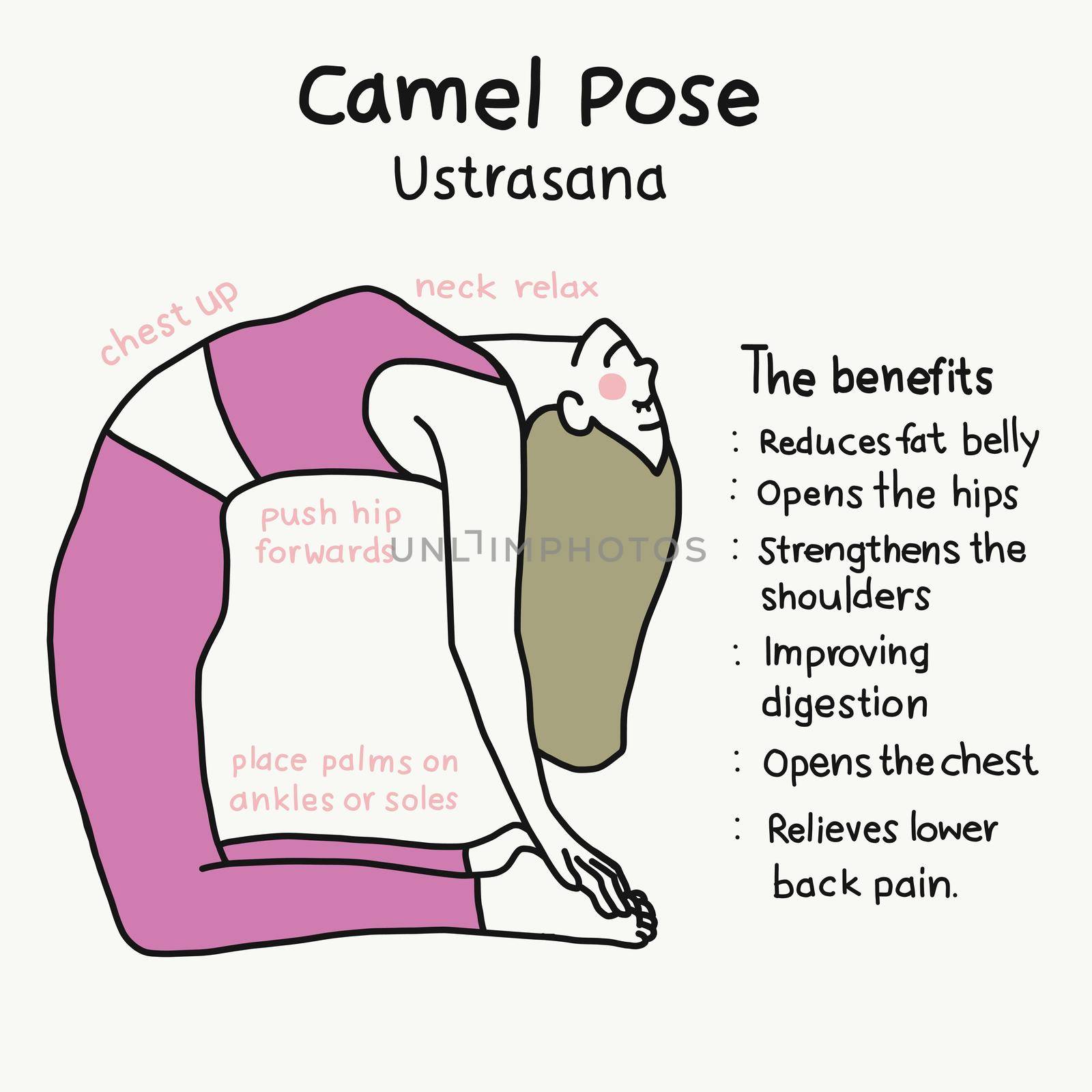 Camel yoga pose and benefits cartoon vector illustration