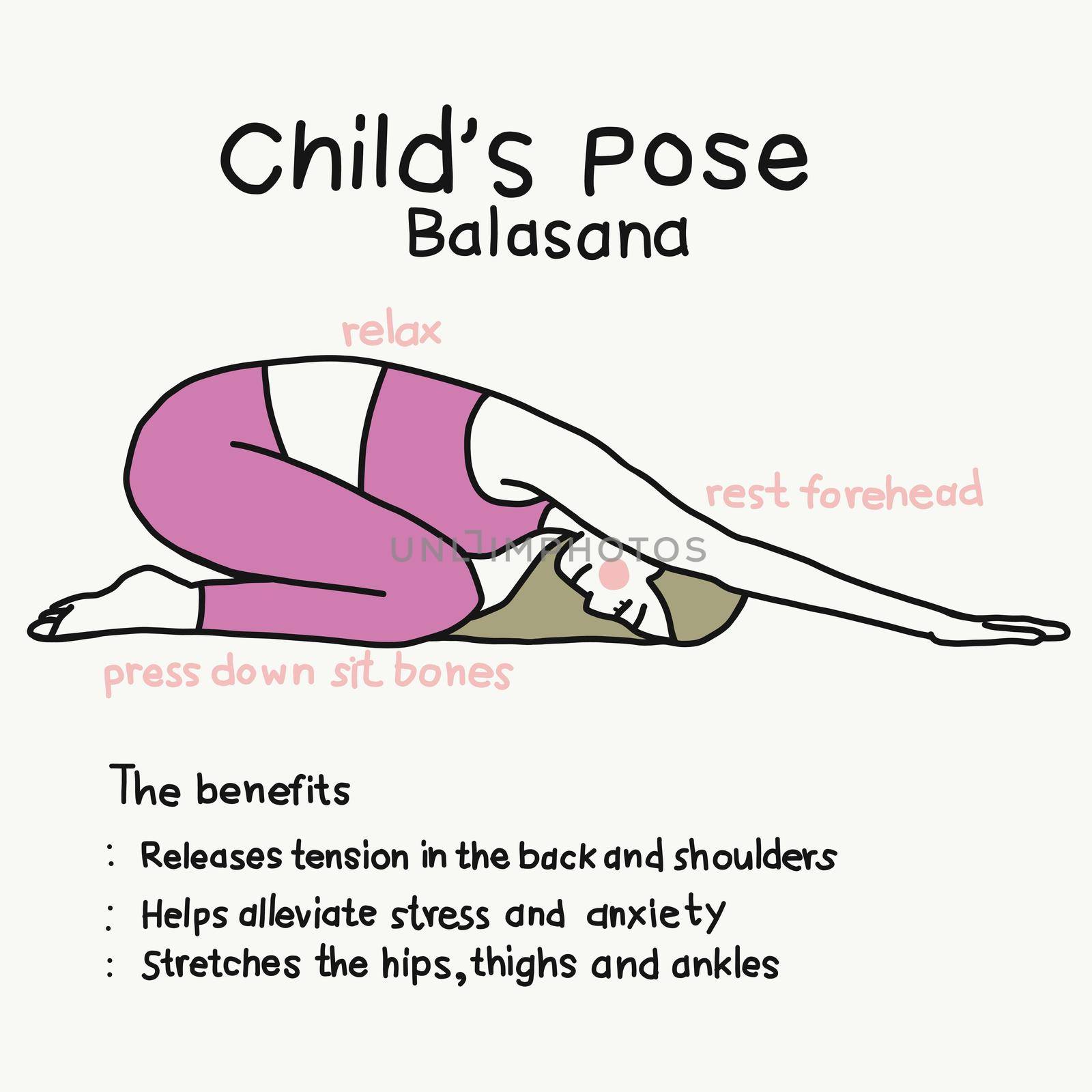 Child's pose yoga pose and benefits cartoon vector illustration by Yoopho
