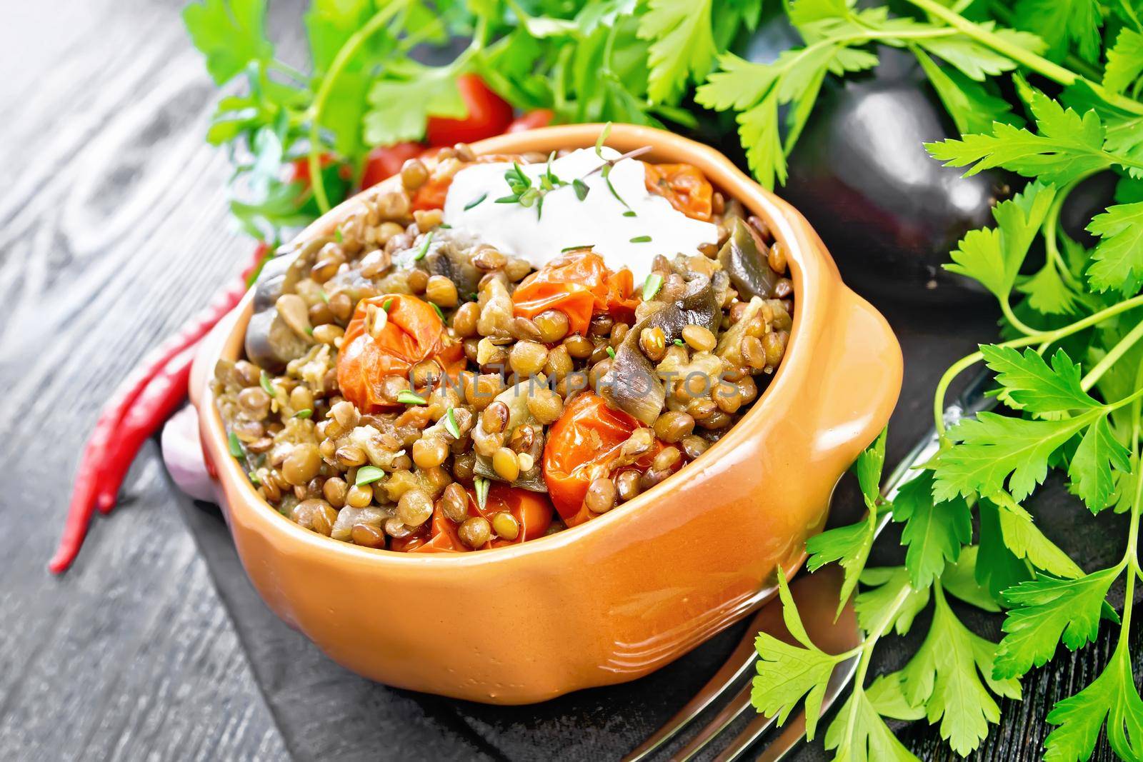 Green lentils stewed with eggplant, tomatoes, garlic and spices, sour cream sauce with a sprig of thyme in a bowl on towel, parsley on dark wooden board