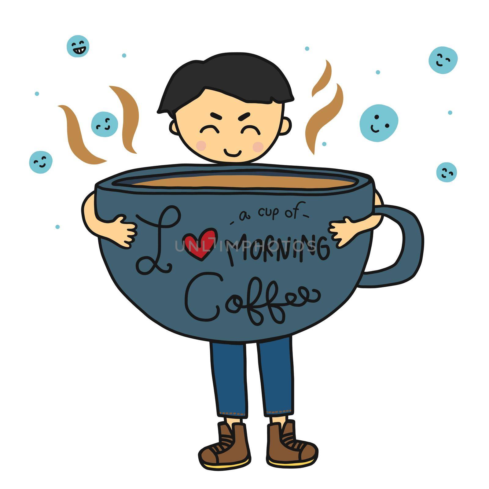 Man with big I love a cup of morning coffee cartoon doodle vector illustration