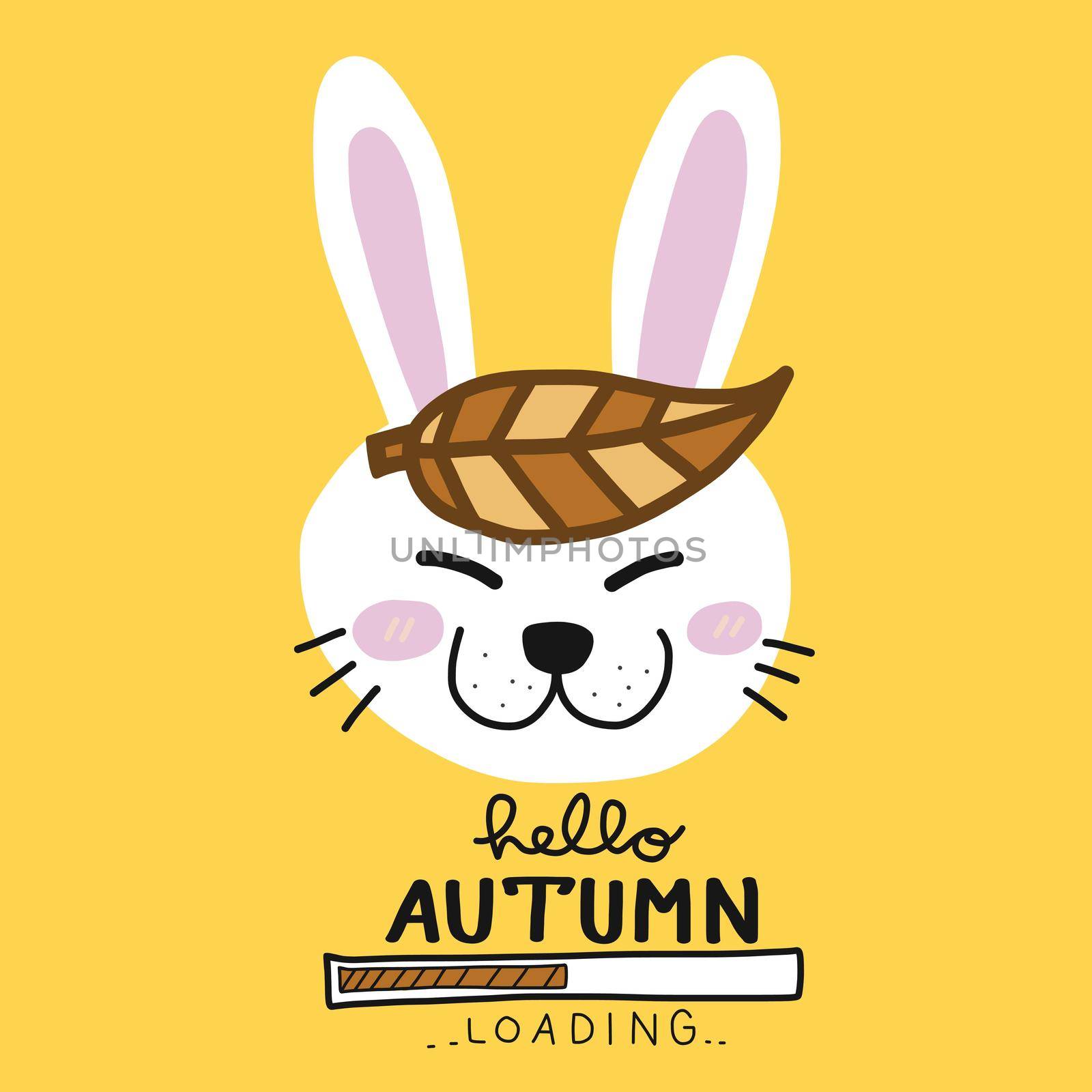 Hello autumn rabbit with leaf on head loading cartoon vector illustration