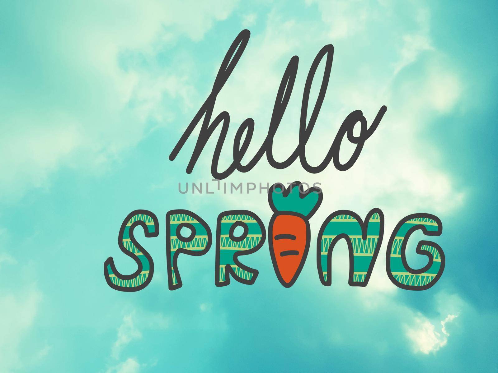 Hello spring handwriting illustration and blue sky by Yoopho
