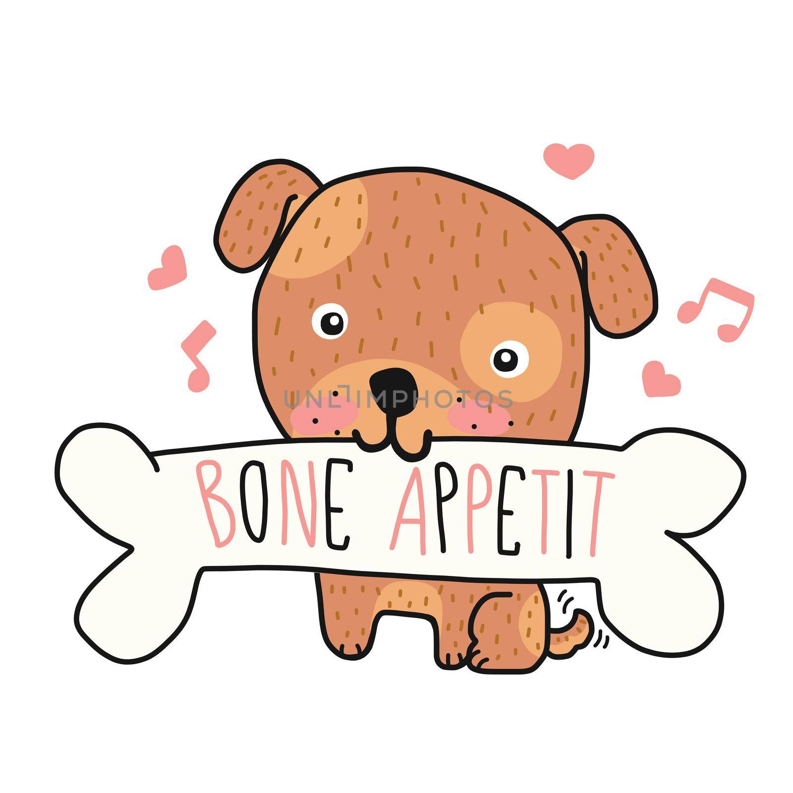 Bone Appetit (mean enjoy your meal in English) cute dog cartoon  doodle vector illustration by Yoopho