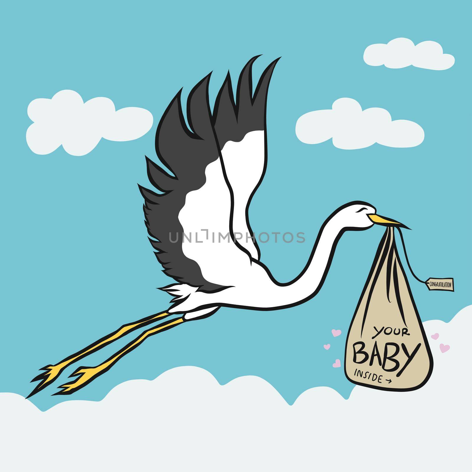 Stork bird bring baby cute cartoon vector illustration by Yoopho