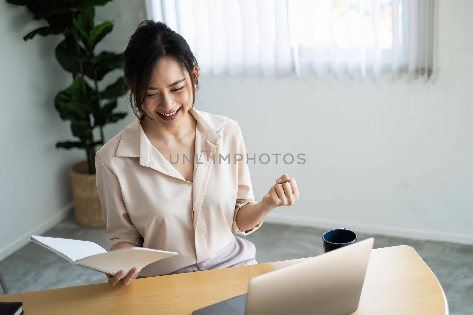 Joyful of Business female in conference together in an office and excited the success on laptop computer screen
