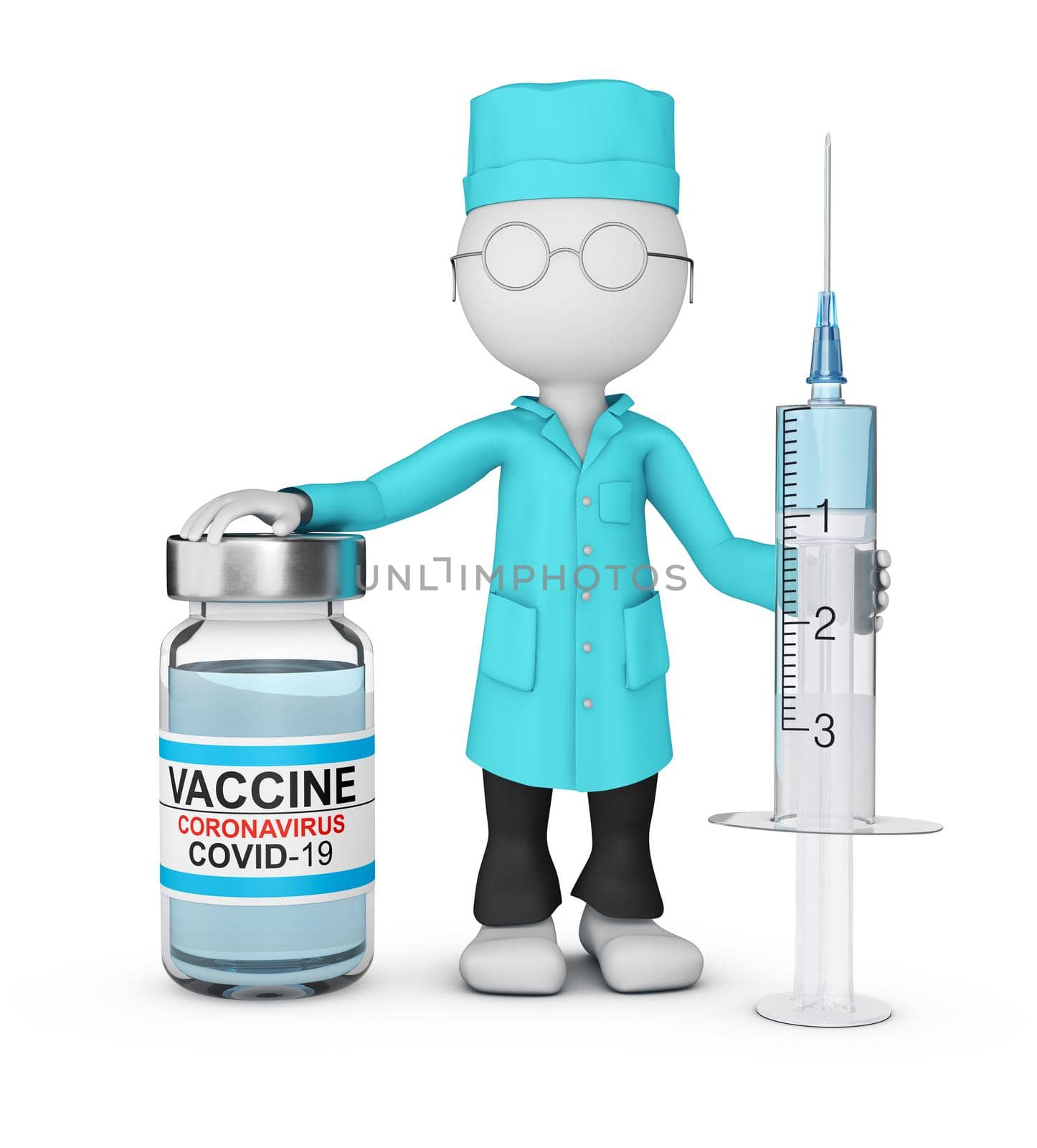 A doctor in a lab coat with a syringe stands next to a bottle of coronavirus vaccine. 3d render.