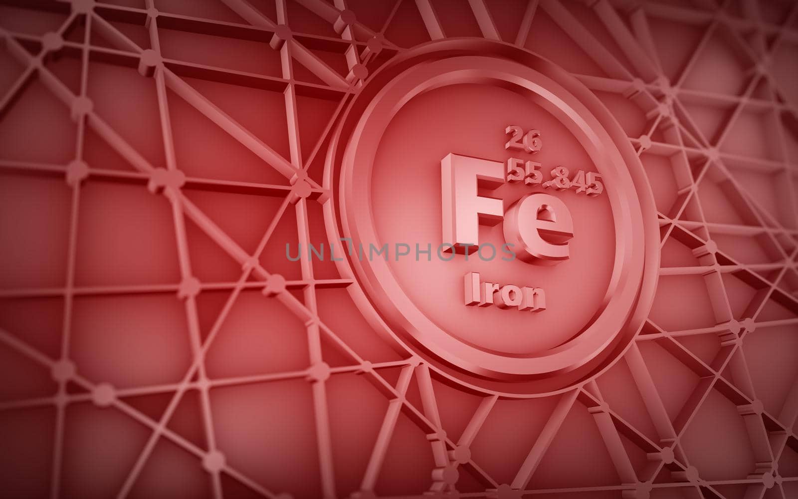 Abstract geometric symbol of the chemical element iron in red tint. 3D rendering.
