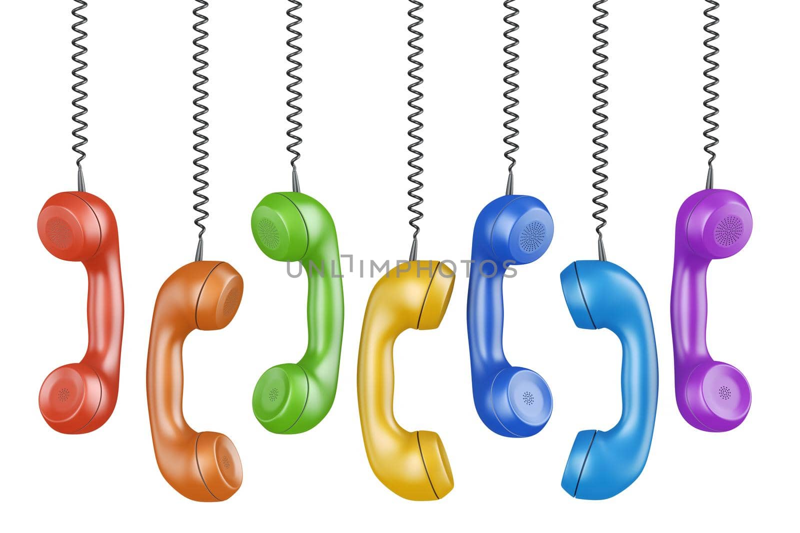 Handsets of different colors hang from spiral cables. 3d render.