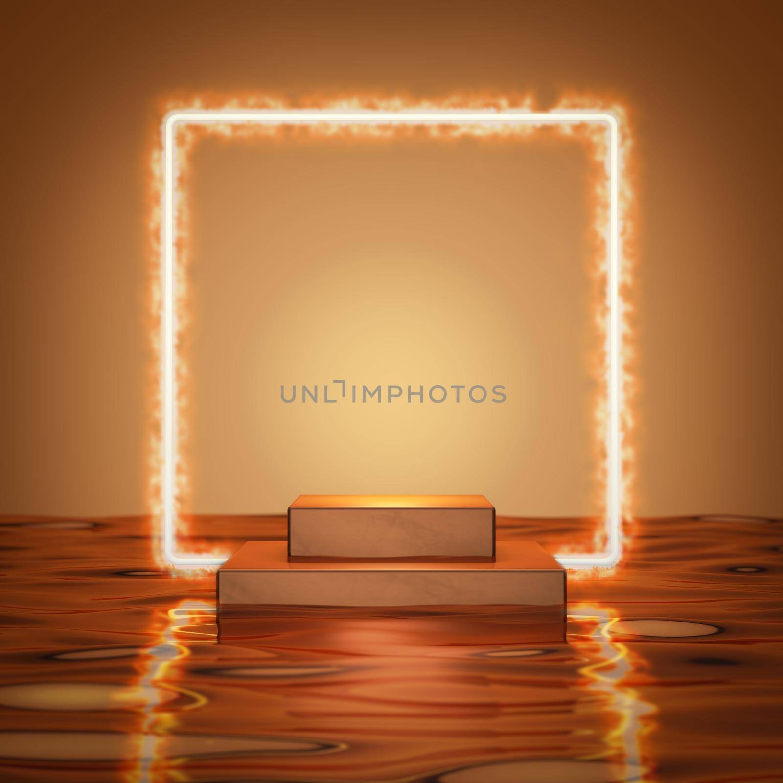 Podium with a fiery square frame against a background of liquid waves, tinted in gold. 3d render