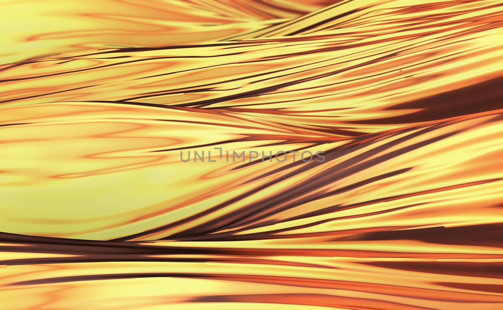 Background with smooth golden waves and bokeh effect in the distance. 3d render.