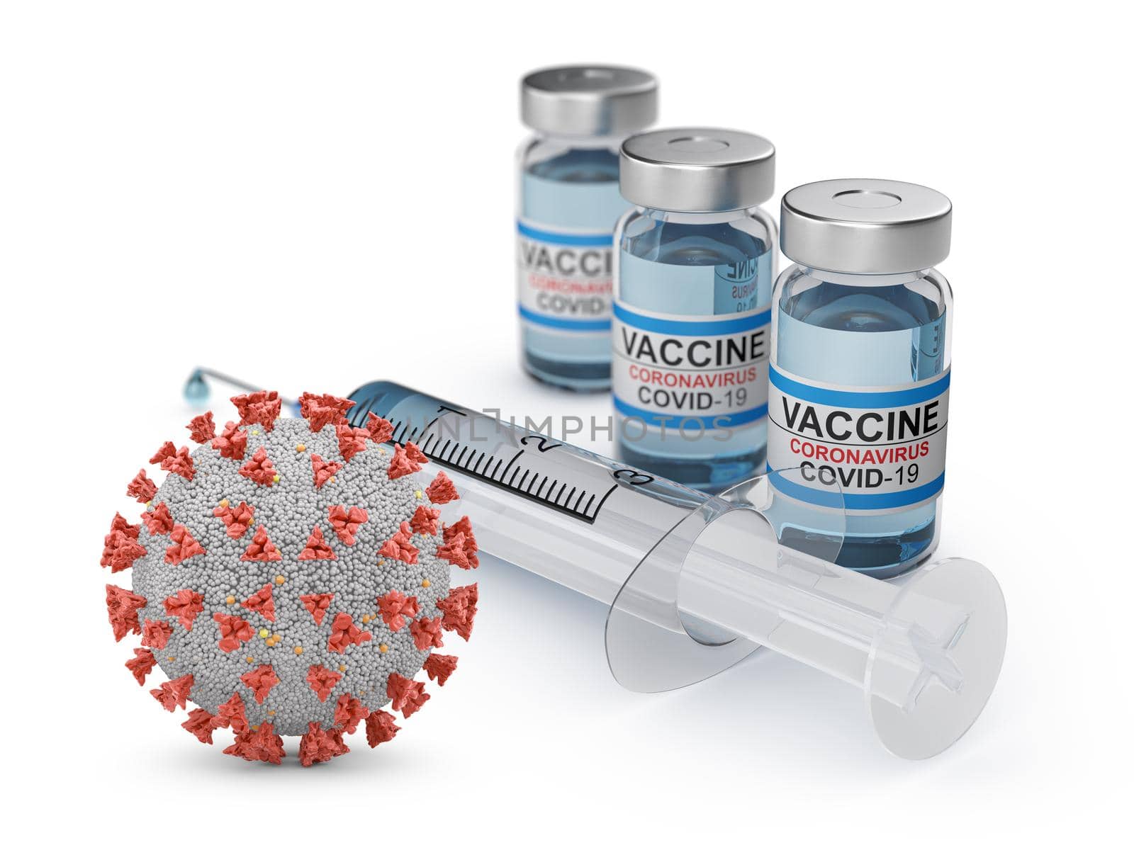 Coronavirus cage next to coronavirus vaccine vials and syringe. 3D rendering