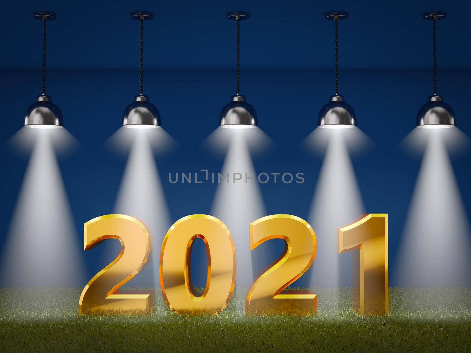 Volumetric figures 2021 on a background of grass with spotlights. 3d render.