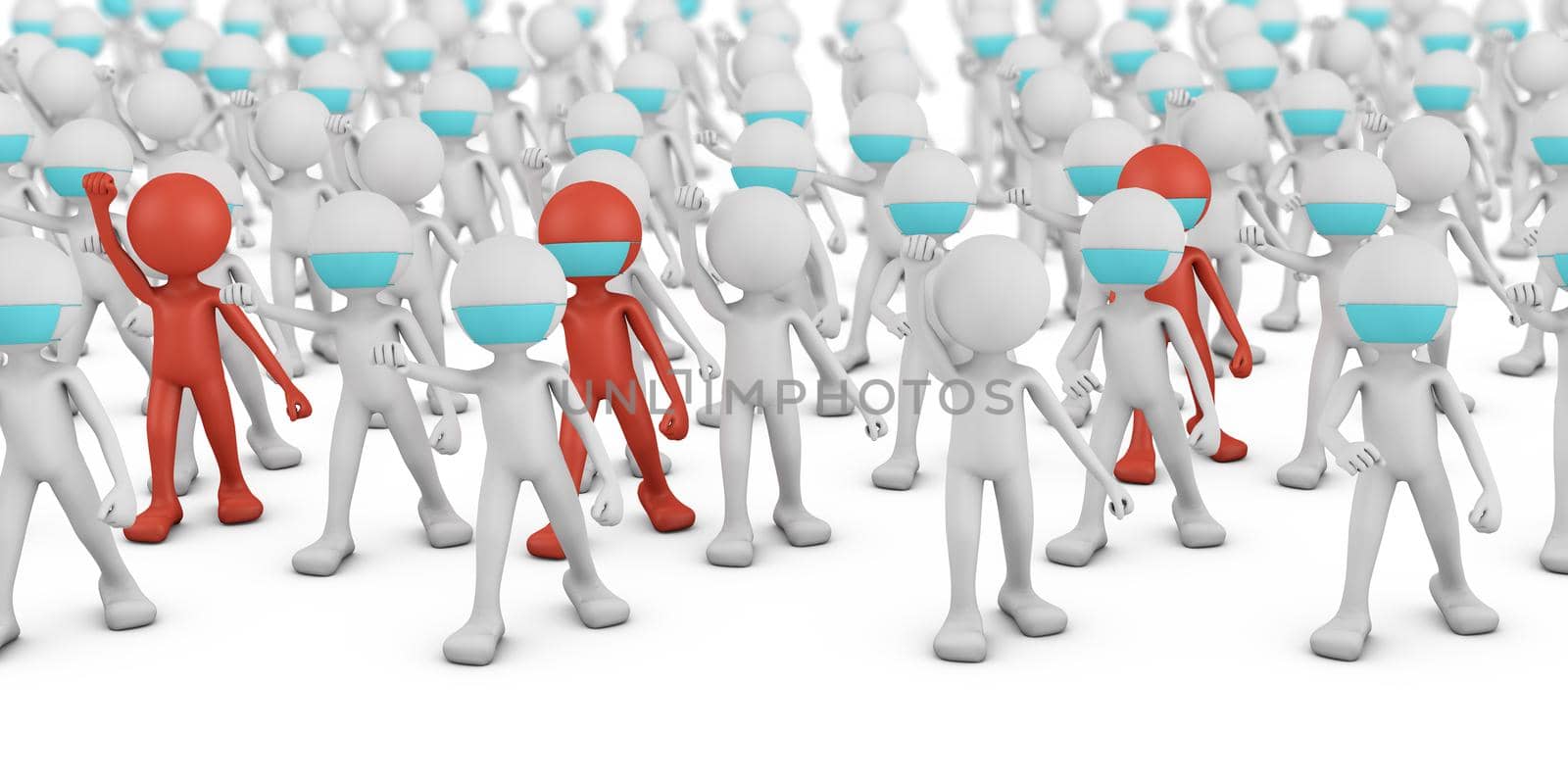 A crowd of white and red masked men. 3d render.