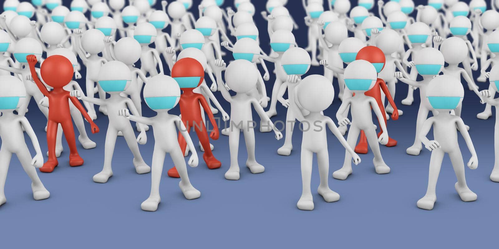 A crowd of white and red masked men. 3d render.