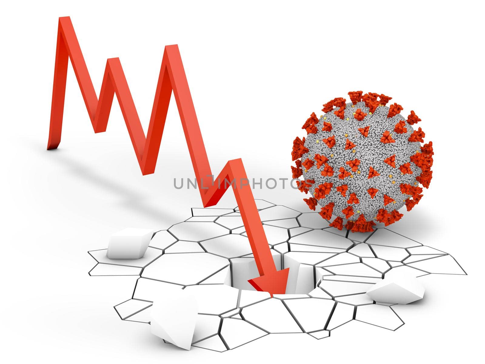 Arrow graph breaks the floor next to the coronavirus. 3d render.