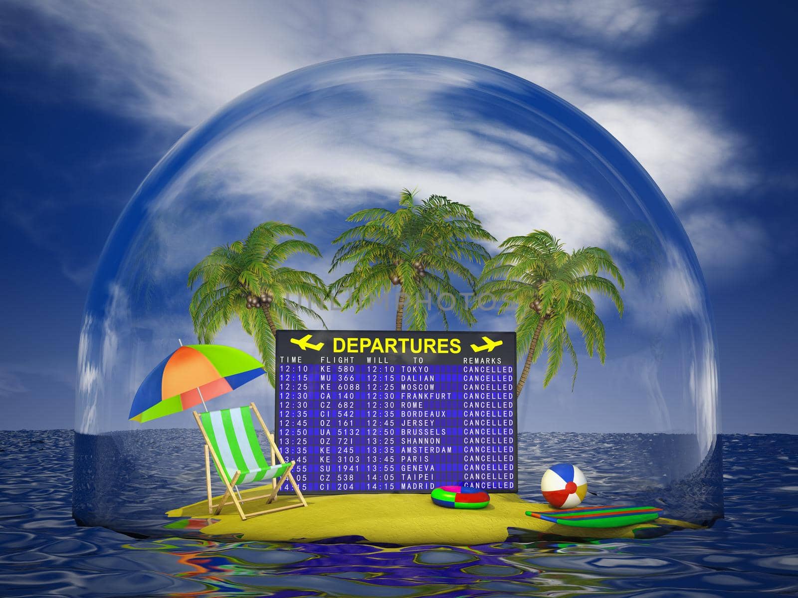 Airport departure board with canceled flights on the domed island. 3d render.