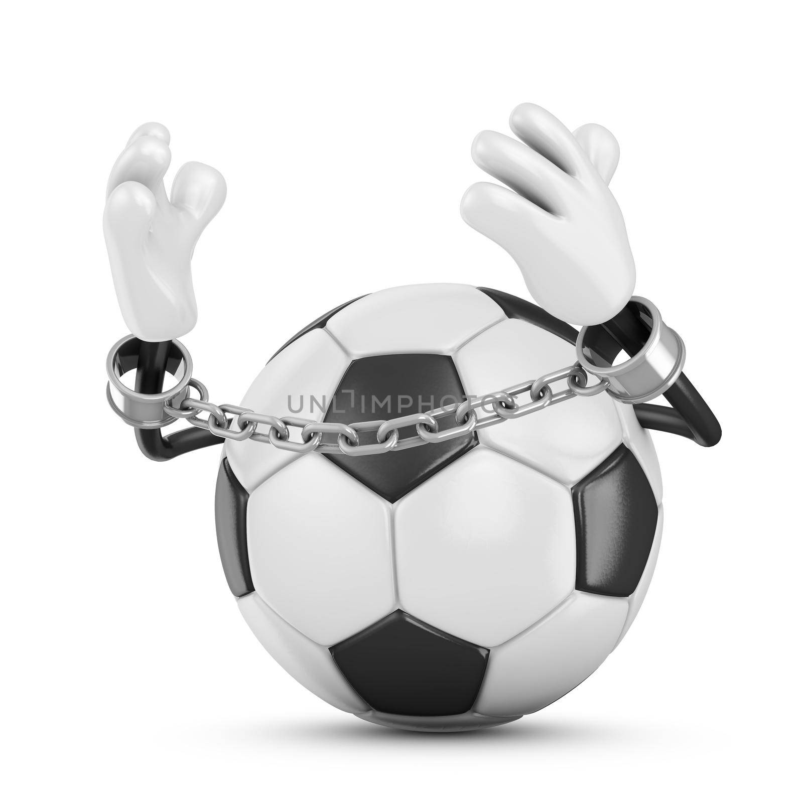 Ball for football in handcuffs with a chain. 3d render.