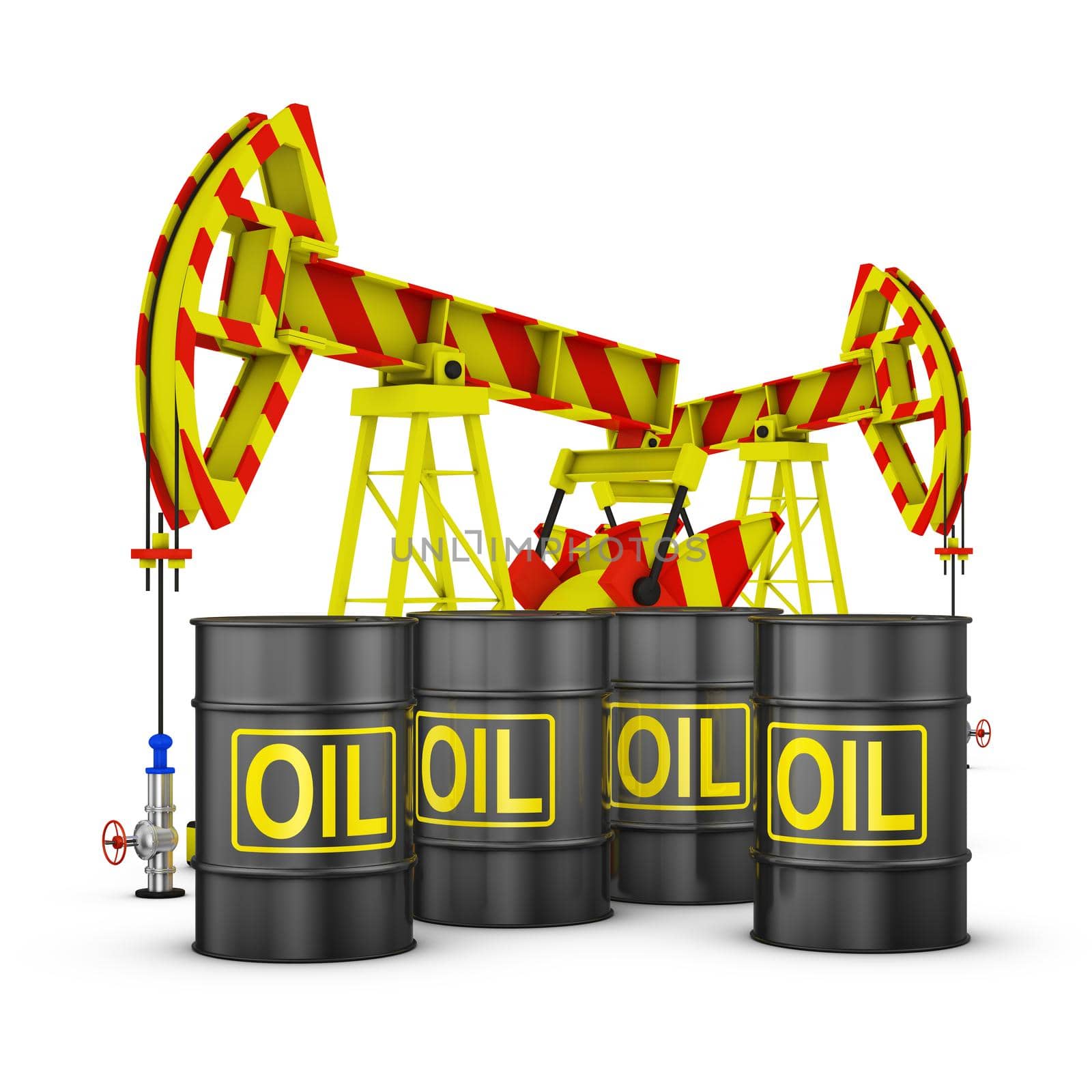 Barrels of oil and pumps on a white background. 3d render.