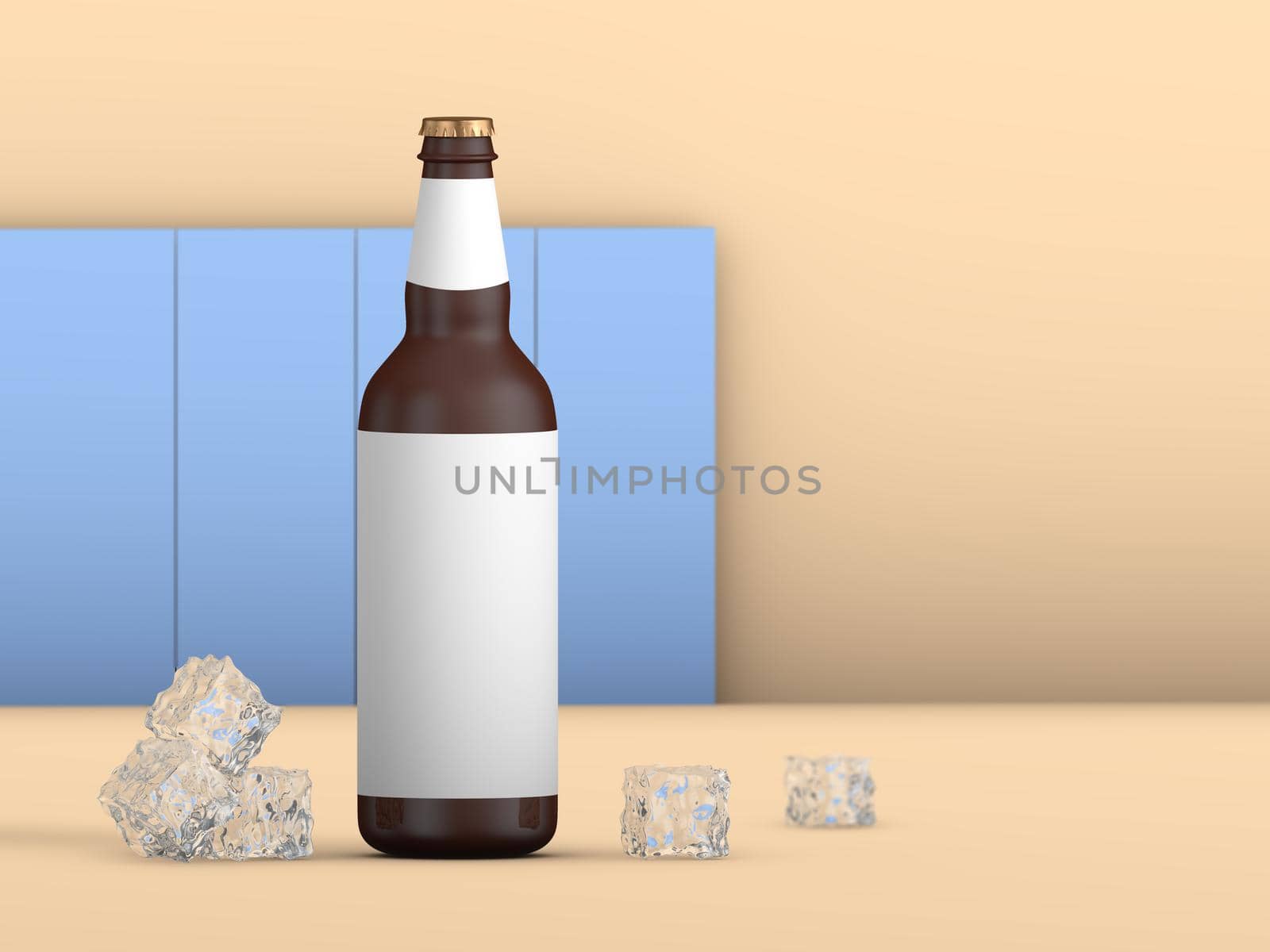 Beer bottle with blank label and pieces of ice. 3d render.