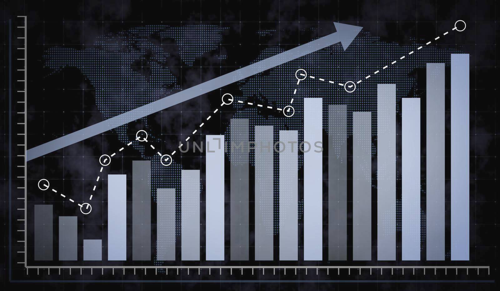 Rising blue bar graph following the arrow on a background of a dotted world map. 3d render.