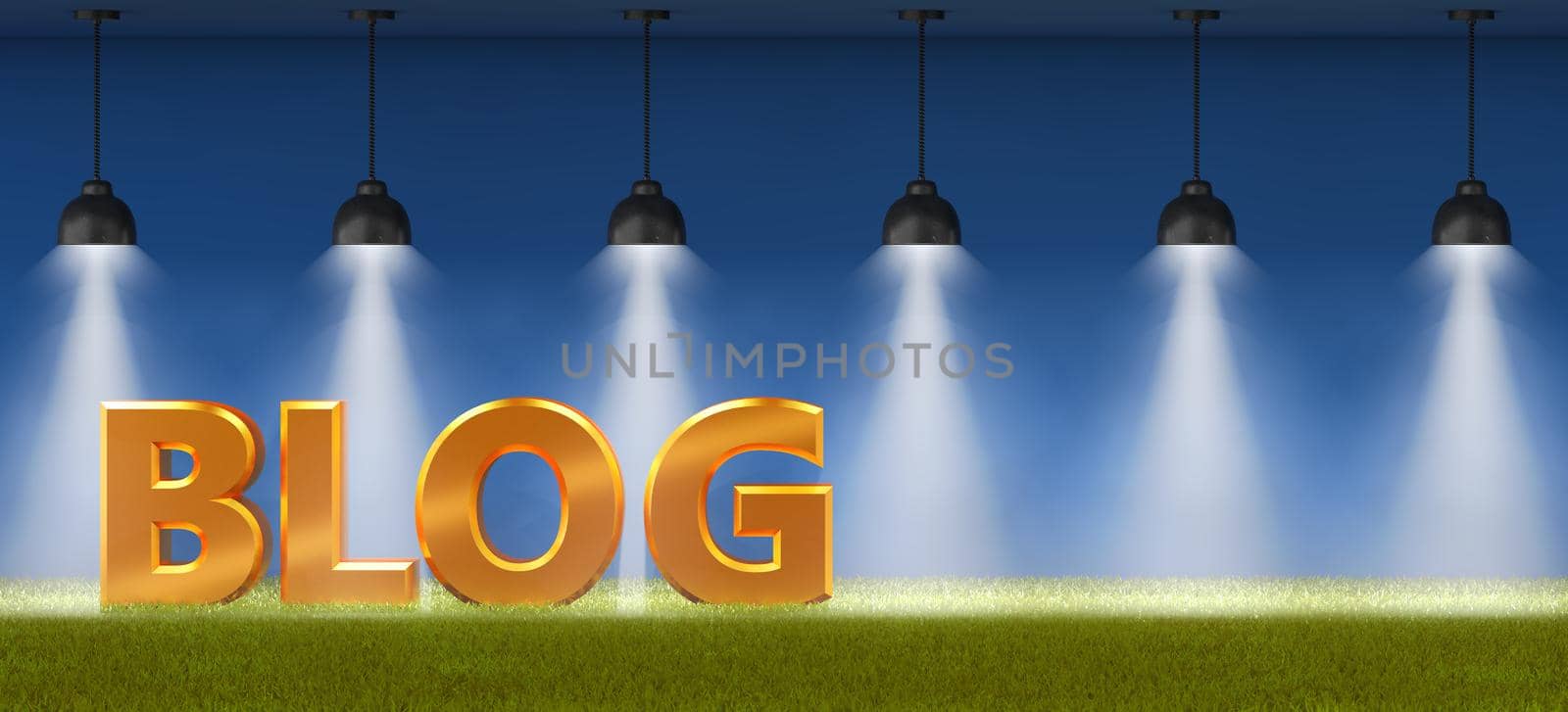 Volumetric figures BLOG on a background of grass with spotlights. 3d render.