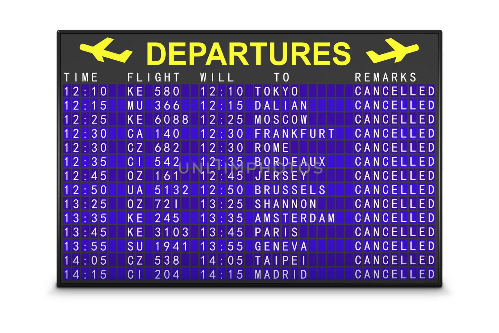 airport departure board with canceled flights. 3d render.