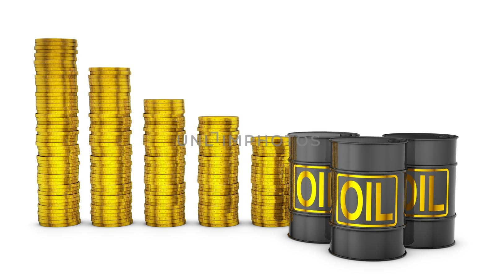 Stacks of coins and a barrels of oil. 3d render