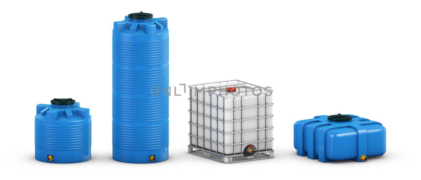 Water tank with metal grill and Ccontainers for water of different shapes. 3d rendering.