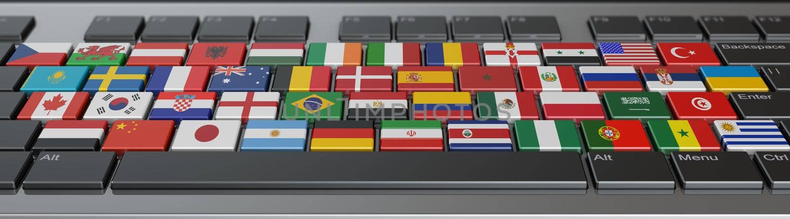 Computer keyboard with buttons in the form of flags of different countries. 3d render.