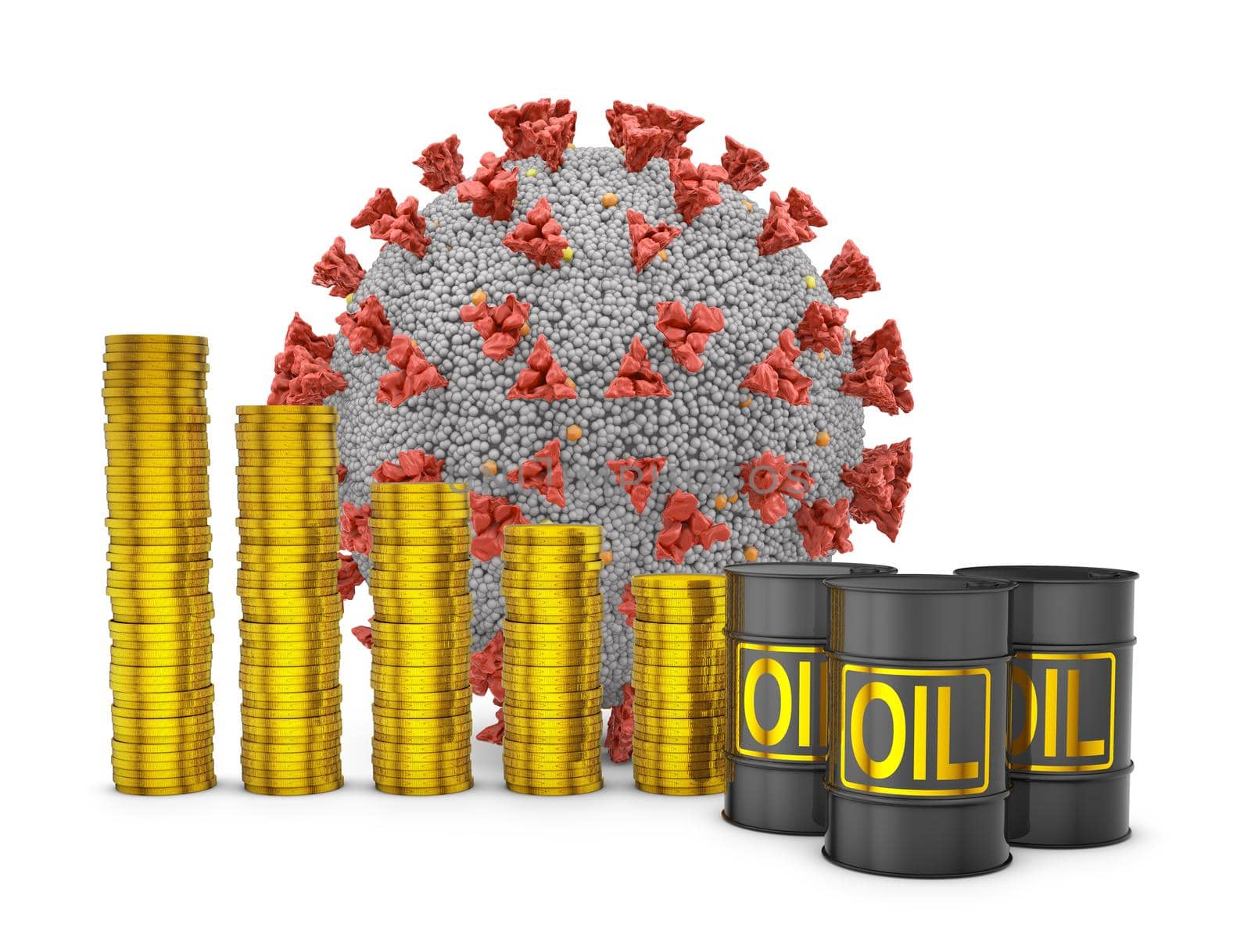 Stacks of coins and barrels of oil next to the coronovirus cell. 3d render