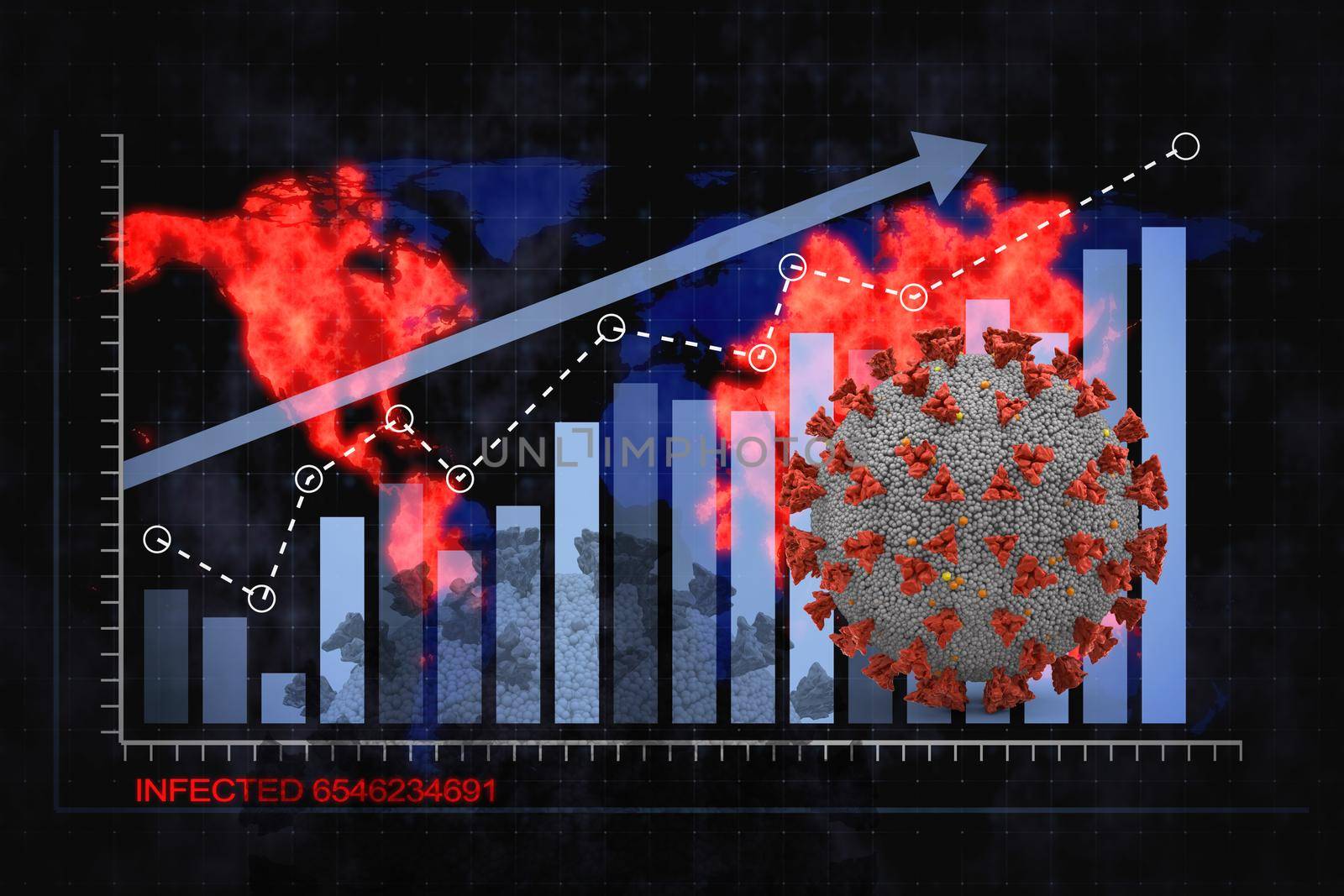 Coronavirus and upward arrow graph on a background of red continents. 3D rendering.