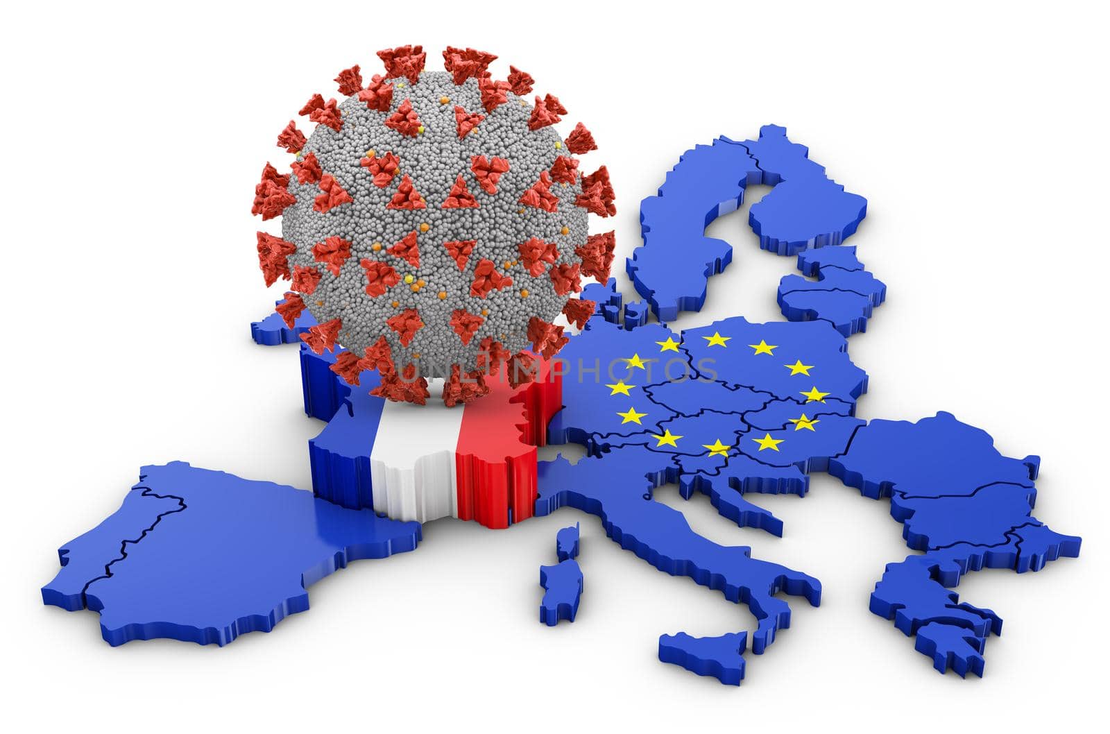 Coronavirus covid 19 against the background of the map of France . 3D render.