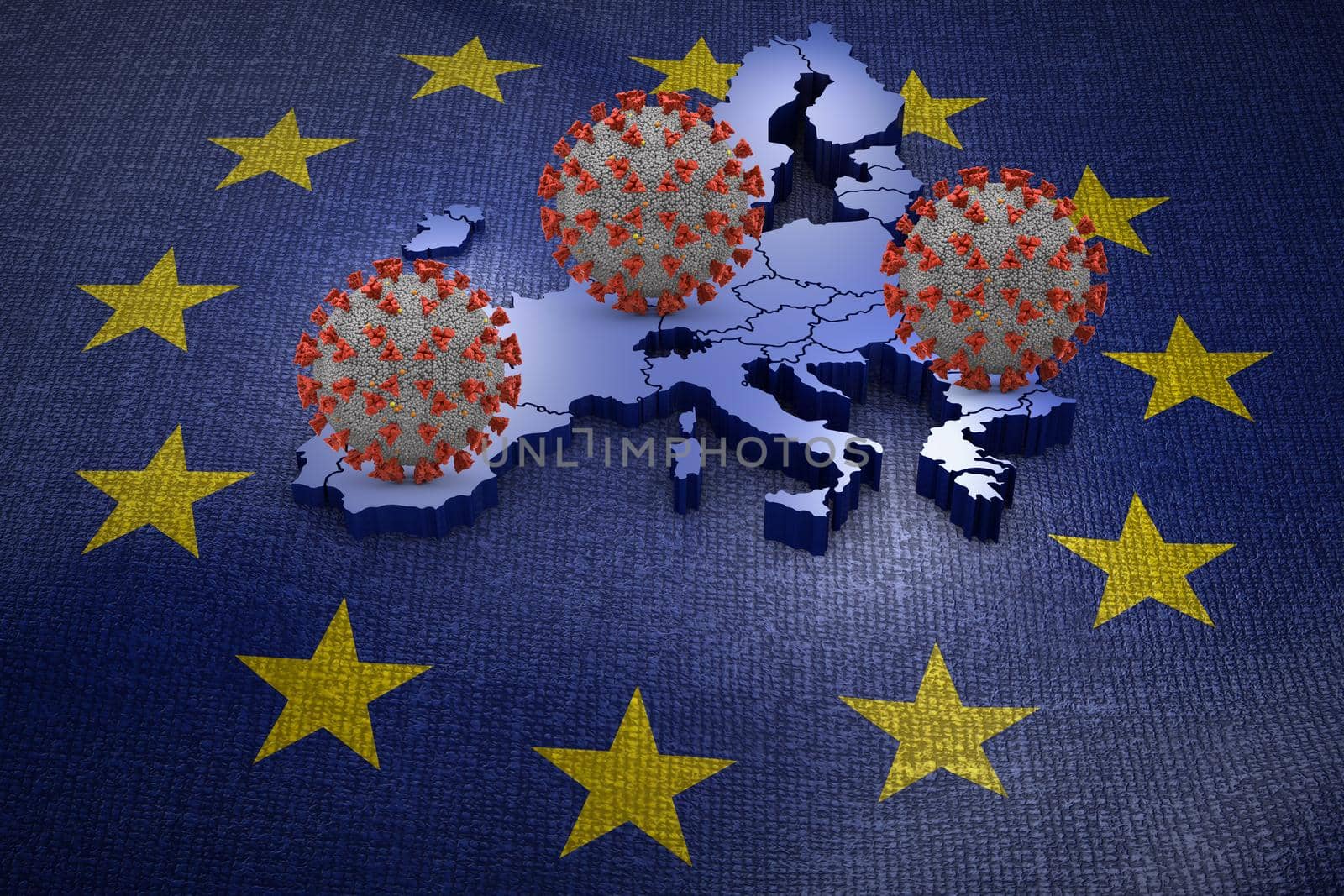 Coronavirus covid 19 against the background of the European Union. 3D render.