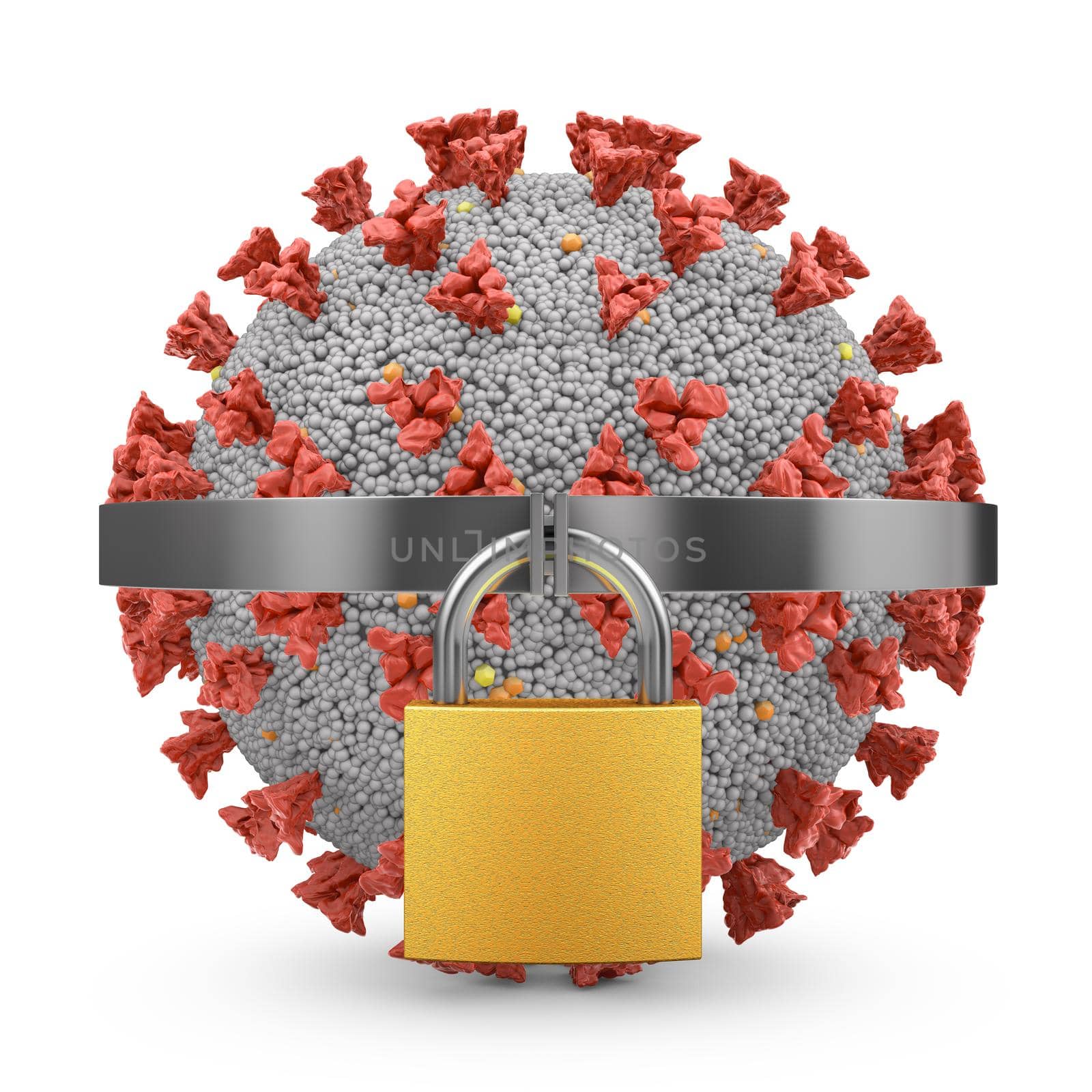 Coronavirus metal padlock on a white background. 3d render.