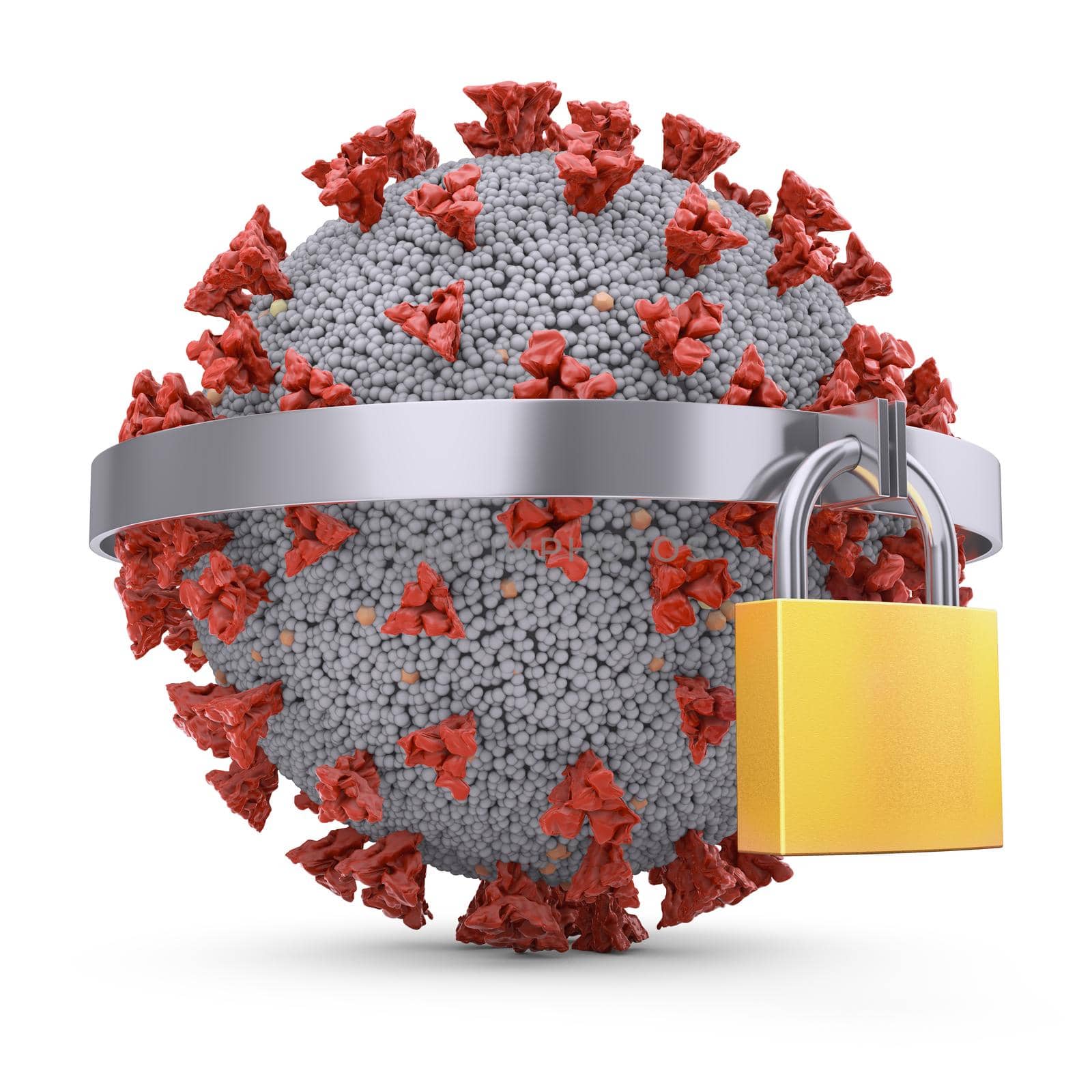 Coronavirus metal padlock on a white background. 3d render.