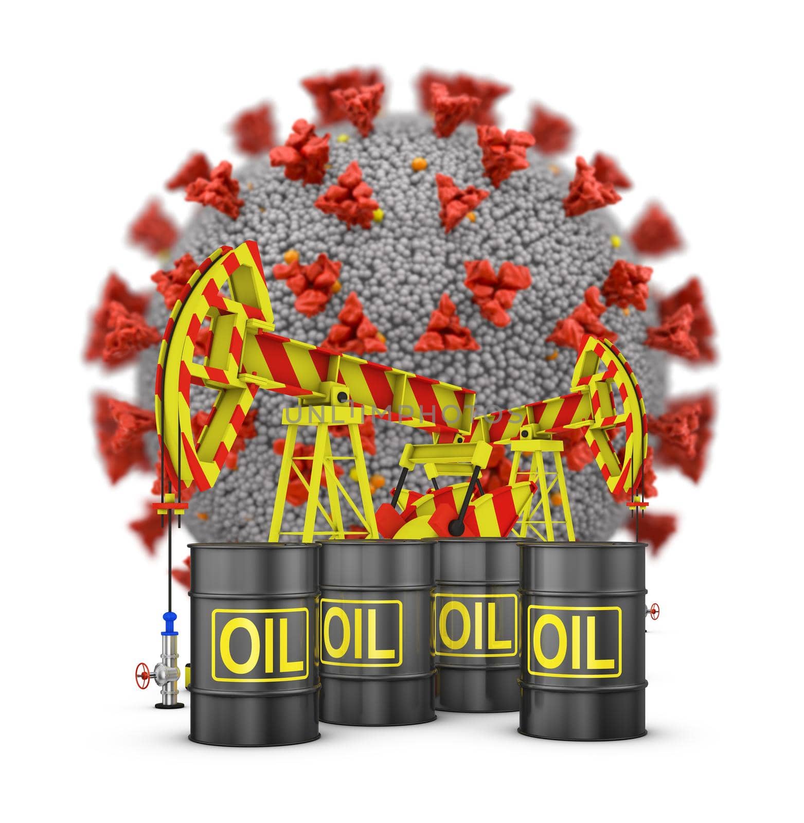 Coronavirus, oil barrels and pumps on a white background. 3D rendering.
