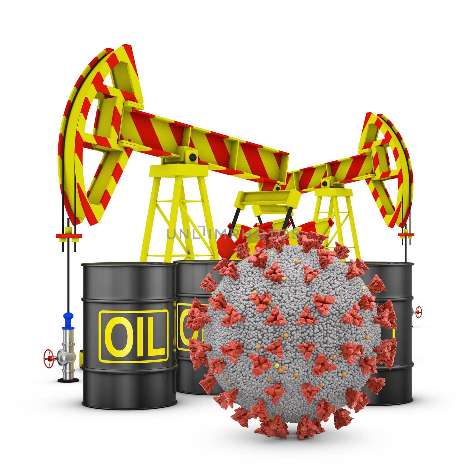 Coronavirus, oil barrels and pumps on a white background. 3D rendering.